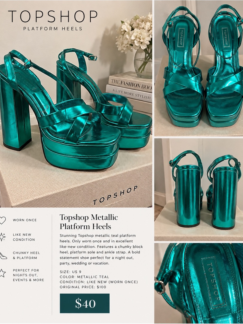 Topshop Metallic Teal Platform Sandals